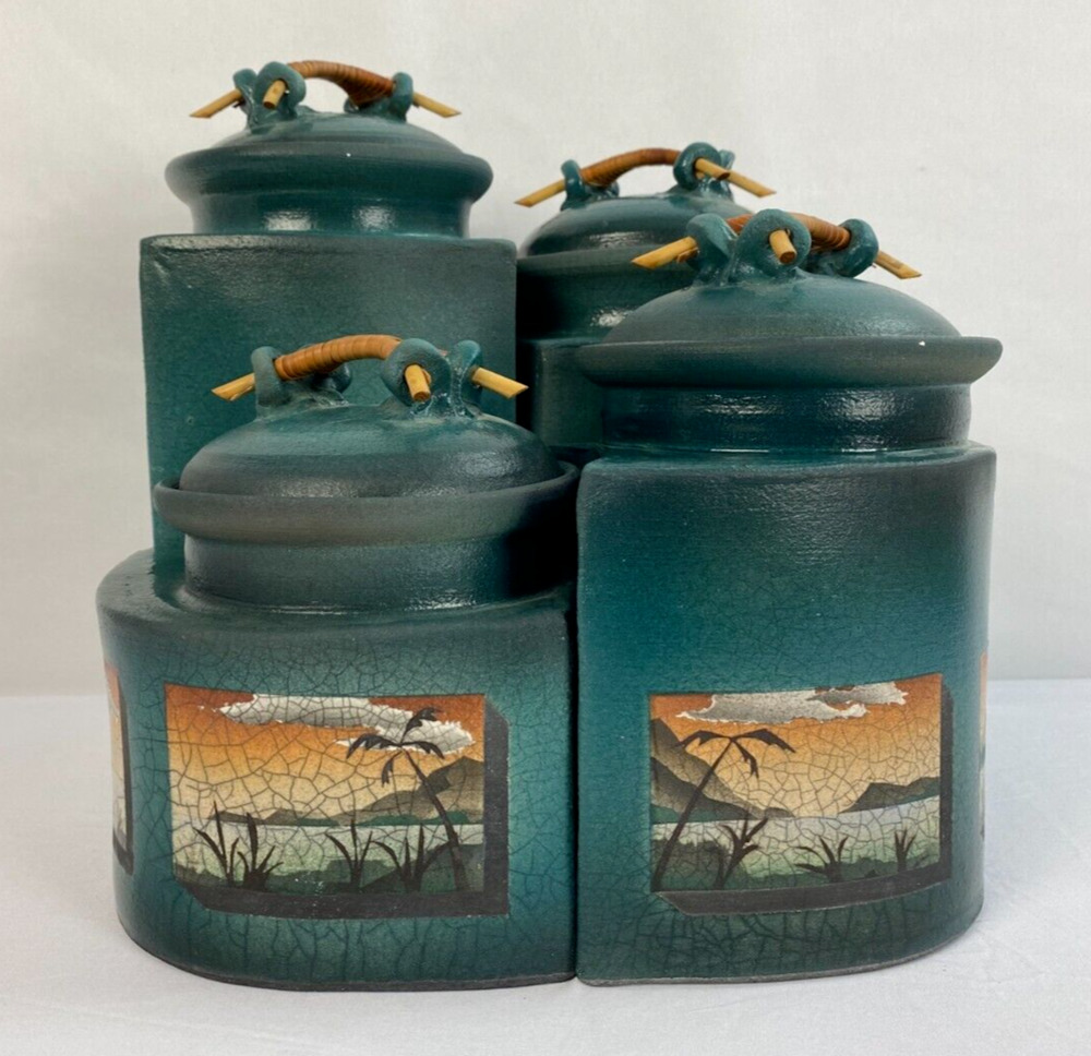 KEN JENSEN Full Set 4 Painted Covered Raku Jars, Beach Scenes, Signed